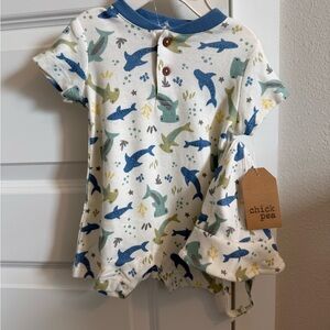 Chick Pea Blue and Green Shark Print Baby Romper